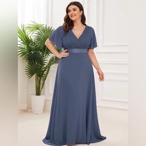 Ever Pretty Plus Slate Blue V-Neck Maxi Dress with Flutter Sleeves